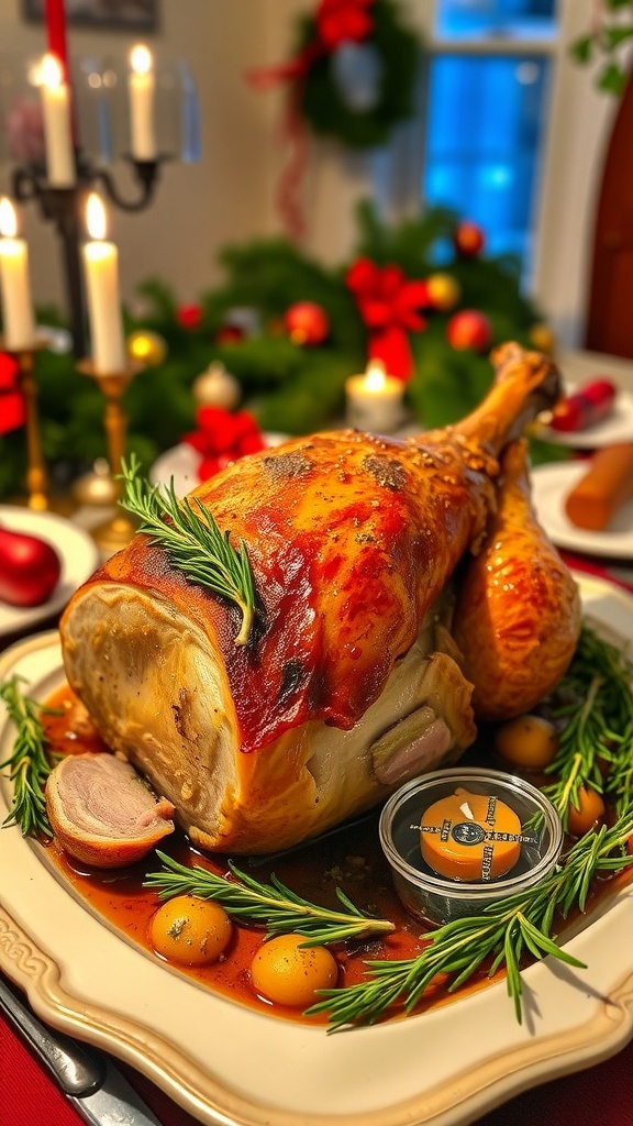 Roasted Lamb for Christmas Eve Dinner Roasted leg of lamb garnished with rosemary on a festive holiday table.